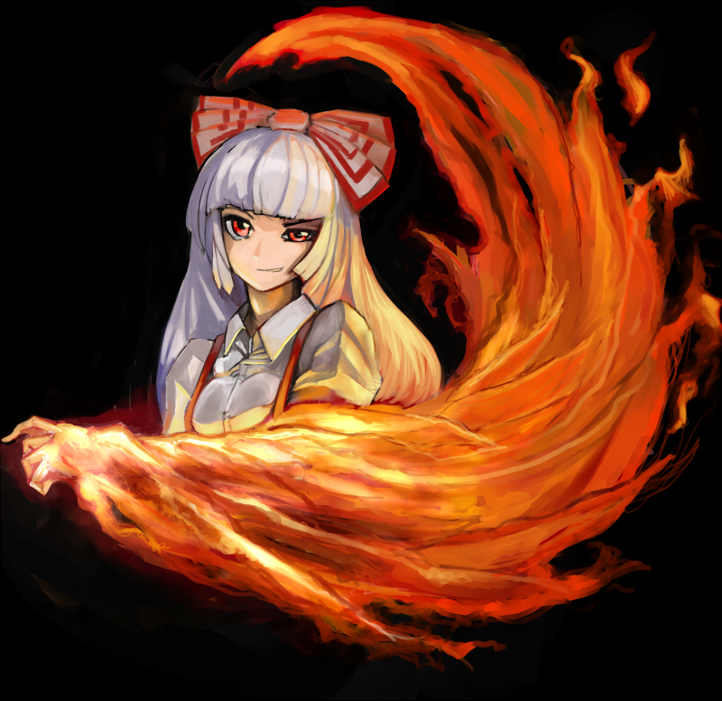 arugeri, fujiwara no mokou, snk, the king of fighters, touhou, silver hair, 1girl, blunt bangs, bow, female focus, fire, hair bow, hime cut, large bow, long hair, parody, red eyes, solo, suspenders, upper body
