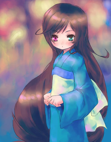 pokomi, suiseiseki, rozen maiden, lowres, 00s, 1girl, blue kimono, brown hair, female focus, heterochromia, japanese clothes, kimono, long hair, solo, very long hair, yukata