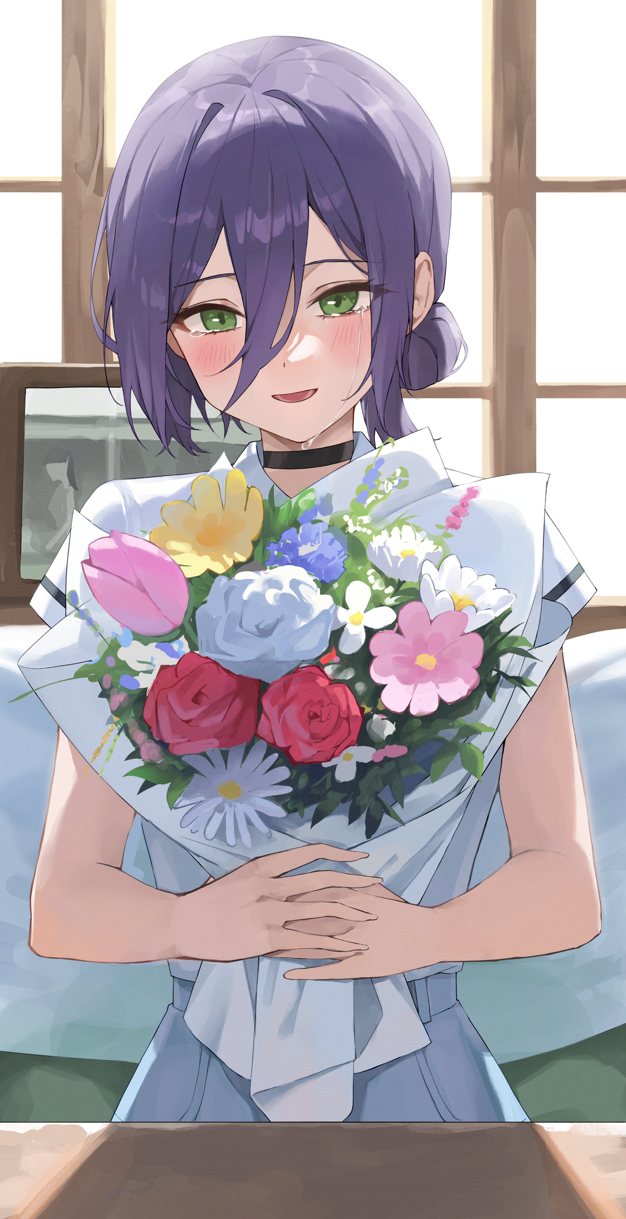 dawon, reze (chainsaw man), chainsaw man, absurdres, commentary, highres, 1girl, black choker, black hair, blush, bouquet, choker, collared shirt, crying, crying with eyes open, flower, green eyes, hair between eyes, hair bun, holding, holding bouquet, indoors, long hair between eyes, looking at viewer, open mouth, shirt, short hair, short sleeves, solo, streaming tears, tears, upper body, white shirt