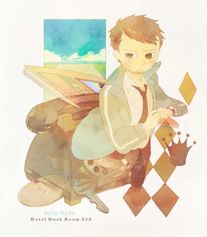 binch, kyle hyde, cing, hotel dusk, argyle, bad id, bad pixiv id, 1boy, beard, brown eyes, brown hair, dress shirt, facial hair, formal clothes, jacket, long sleeves, looking at viewer, male focus, necktie, open clothes, open jacket, red necktie, shirt, simple background, solo, suit, upper body, white background, white shirt