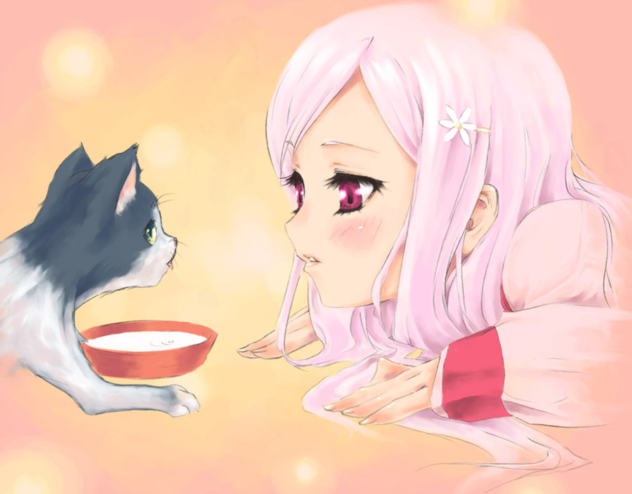 pokomi, lucy maria misora, to heart (series), to heart 2, 00s, 1girl, blush, cat, female focus, green eyes, long hair, lying, milk, pink eyes, pink hair, school uniform, serafuku, solo