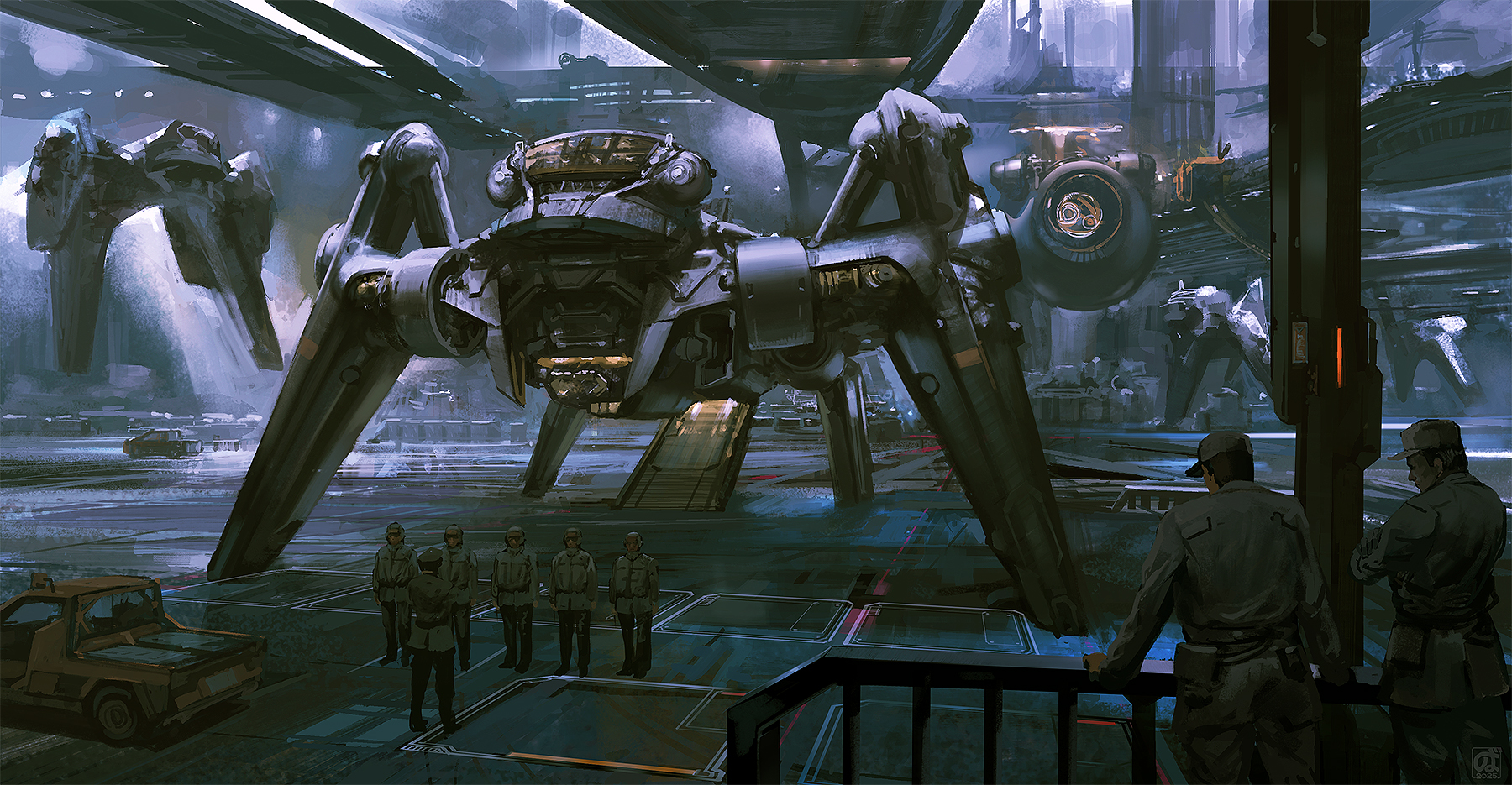 noba, original, commentary, commentary request, english commentary, highres, mixed-language commentary, 2boys, 6+others, ambiguous gender, black pants, grand scale, grey hat, grey pants, grey shirt, hat, long sleeves, mecha, military, military hat, military uniform, motor vehicle, multiple boys, multiple others, pants, robot, scenery, science fiction, shirt, standing, truck, watermark
