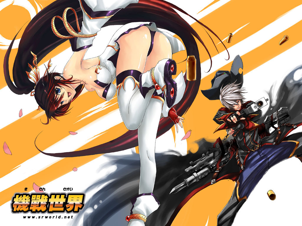 harken browning, nanbu kaguya, banpresto, super robot wars, super robot wars og saga mugen no frontier, 1boy, 1girl, armpits, ass, belt, breasts, brown hair, bullet, cleavage, cowboy, cowboy hat, cowboy western, detached sleeves, dress, fingerless gloves, gloves, grey hair, gun, hair ornament, hat, large breasts, long hair, multicolored hair, ponytail, red hair, strapless, strapless dress, thighhighs, two-tone hair, weapon, western, white hair