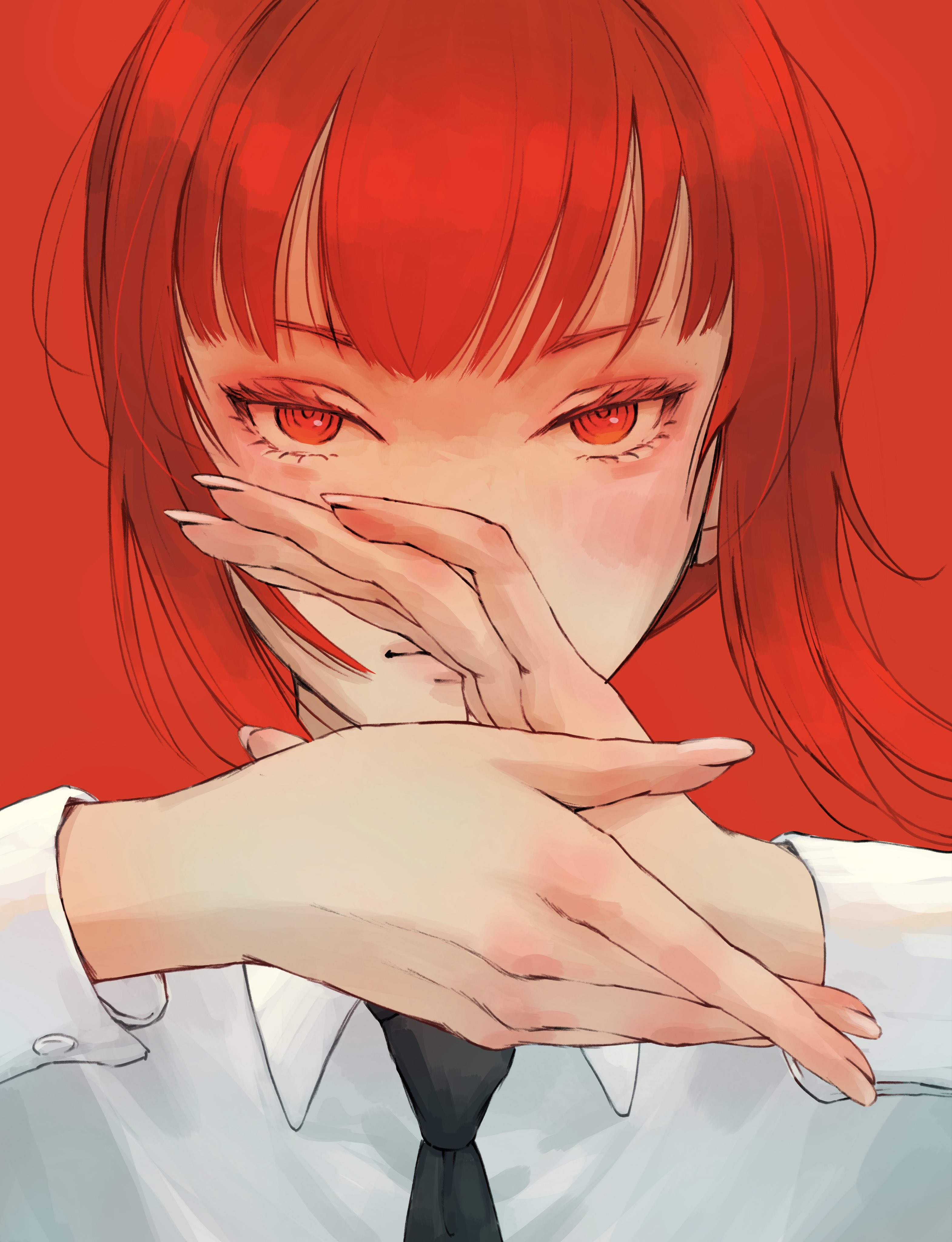 tsudadaikei, makima (chainsaw man), chainsaw man, absurdres, commentary, highres, 1girl, black necktie, closed mouth, collared shirt, hands up, long sleeves, looking at viewer, necktie, portrait, red background, red eyes, red hair, ringed eyes, shirt, short hair with long locks, simple background, solo, white shirt