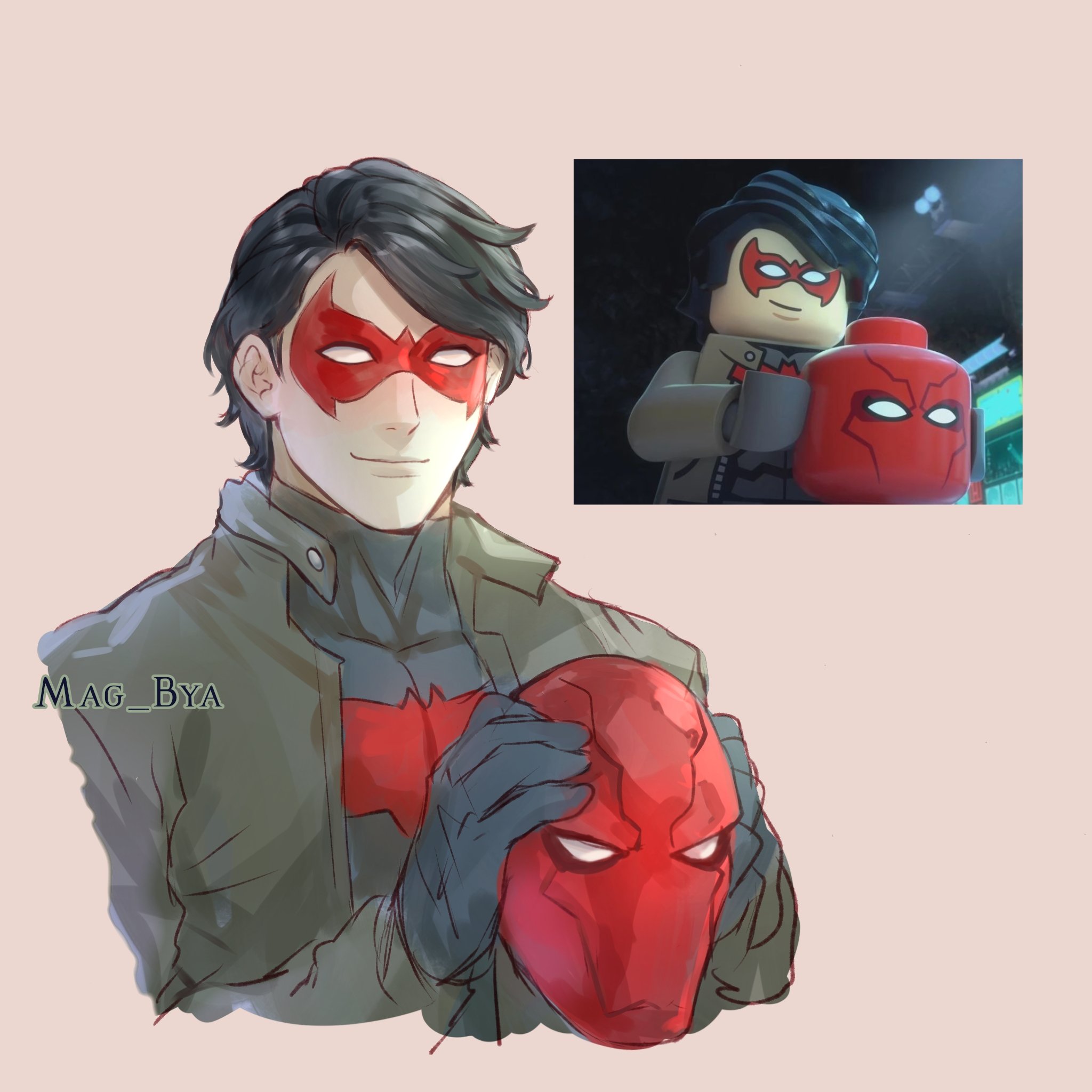jason todd, red hood (dc), batman (series), dc comics, highres, 1boy, bat signal, batman symbol, black bodysuit, black gloves, black hair, bodysuit, brown jacket, domino mask, eye mask, gloves, grey bodysuit, jacket, lego, mag bya, male focus, mask, multicolored bodysuit, muscular, muscular male, open clothes, short hair, superhero costume, taut bodysuit, two-tone bodysuit