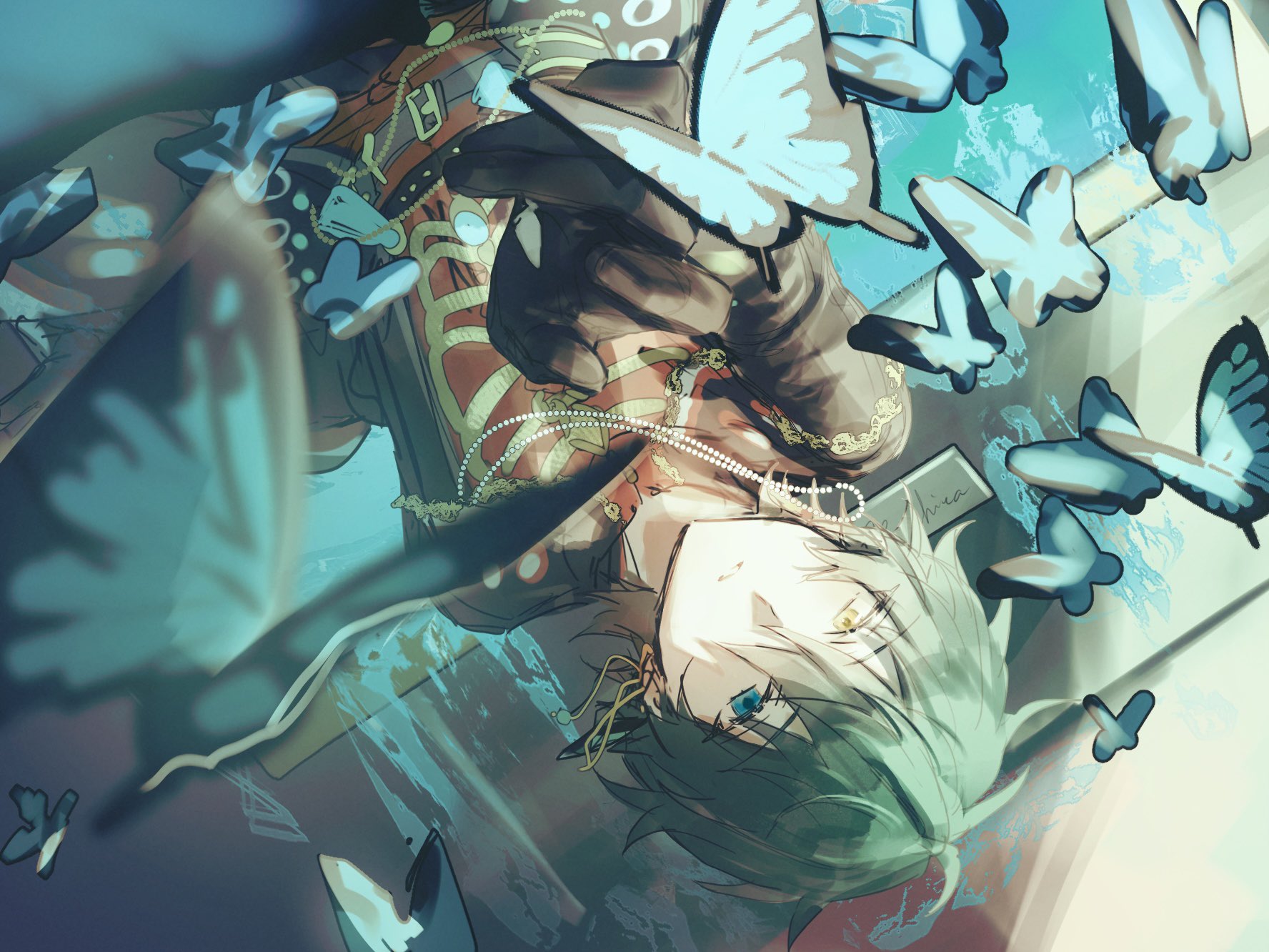 amamori (amamori14 9), kagehira mika, ensemble stars!, highres, 1boy, beads, blue eyes, bug, butterfly, feature scout 1 (ensemble stars!), green skirt, hair between eyes, heterochromia, insect, male focus, official alternate costume, outstretched arm, parted lips, short hair, skirt, solo, upper body, yellow eyes