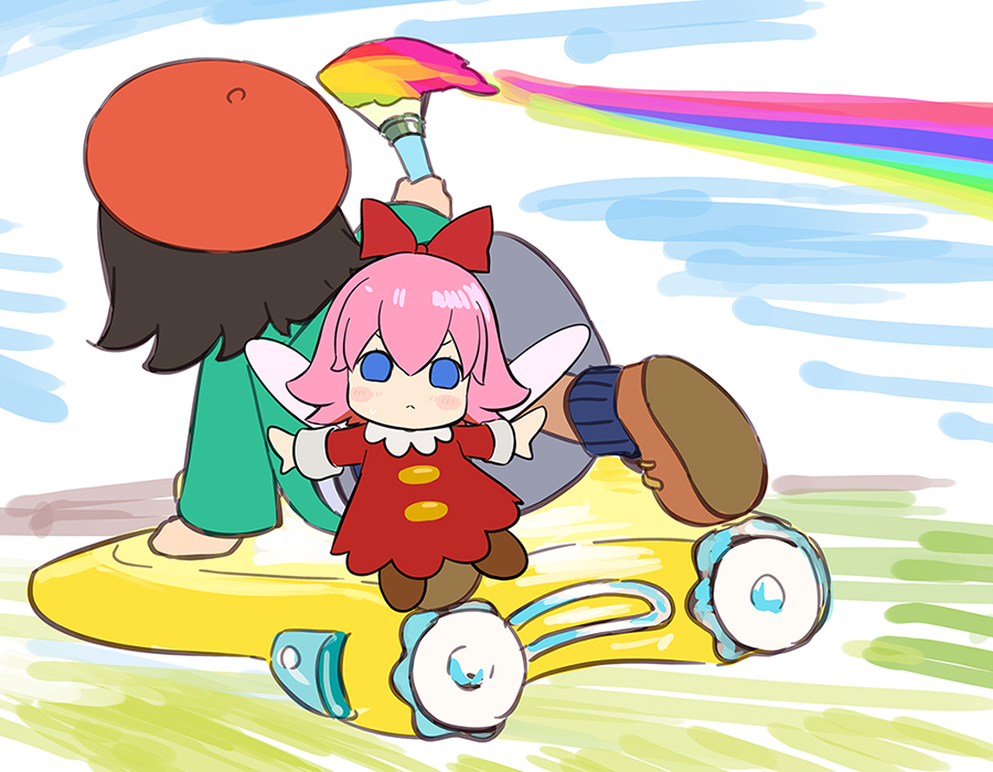 abe kanari, adeleine, ribbon (kirby), kirby (series), kirby air ride, kirby air riders, nintendo, commentary request, 2girls, black hair, blue eyes, brown shoes, censored, character censor, fairy, fairy wings, hat, holding, holding paintbrush, looking at viewer, multiple girls, novelty censor, paintbrush, pink hair, red hat, red ribbon, ribbon, shoes, upskirt, warp star, wings