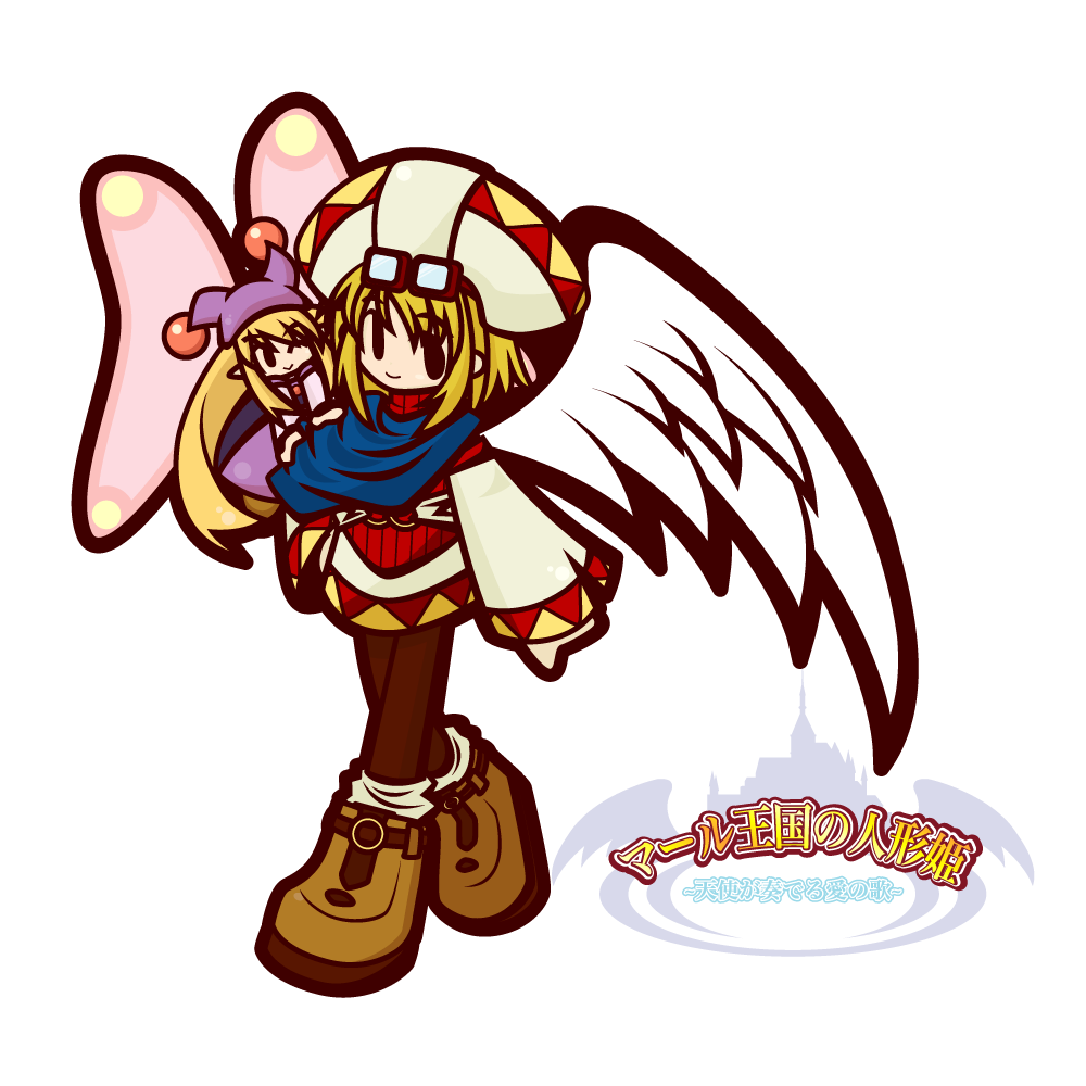 macha (m alice), cornet espoir, kururu (marl kingdom), little princess, marl kingdom, puppet princess (marl kingdom), 2girls, angel, copyright name, multiple girls, musical, pantyhose, puppet, wings