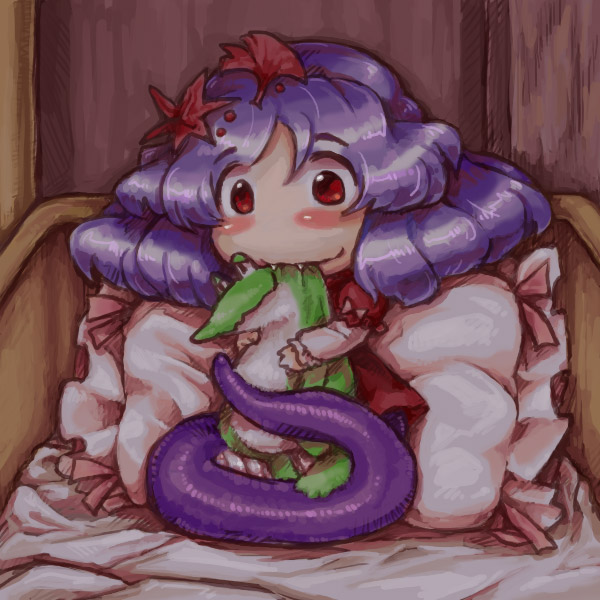 buranantoka, yasaka kanako, touhou, bad id, bad pixiv id, 1girl, baby, chibi, fangs, female focus, frog, hair ornament, lamia, leaf, leaf hair ornament, monster girl, purple hair, red eyes, scales, short hair, snake, solo, stuffed animal, stuffed toy