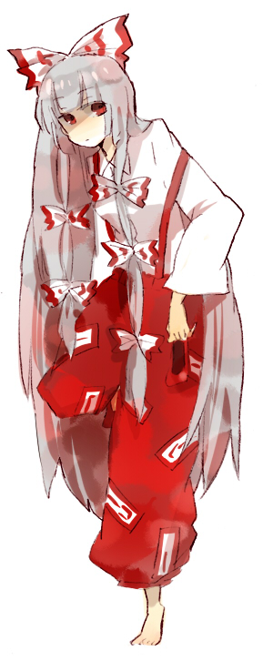 tarako supa, fujiwara no mokou, touhou, silver hair, bad id, bad pixiv id, 1girl, barefoot, female focus, full body, long hair, red eyes, simple background, solo, very long hair