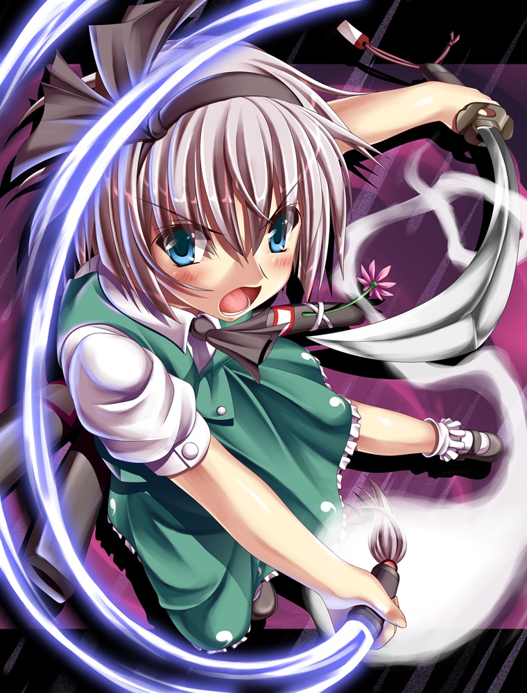 hiya, konpaku youmu, konpaku youmu (ghost), touhou, silver hair, 1girl, blue eyes, female focus, hairband, hitodama, katana, short hair, solo, sword, weapon