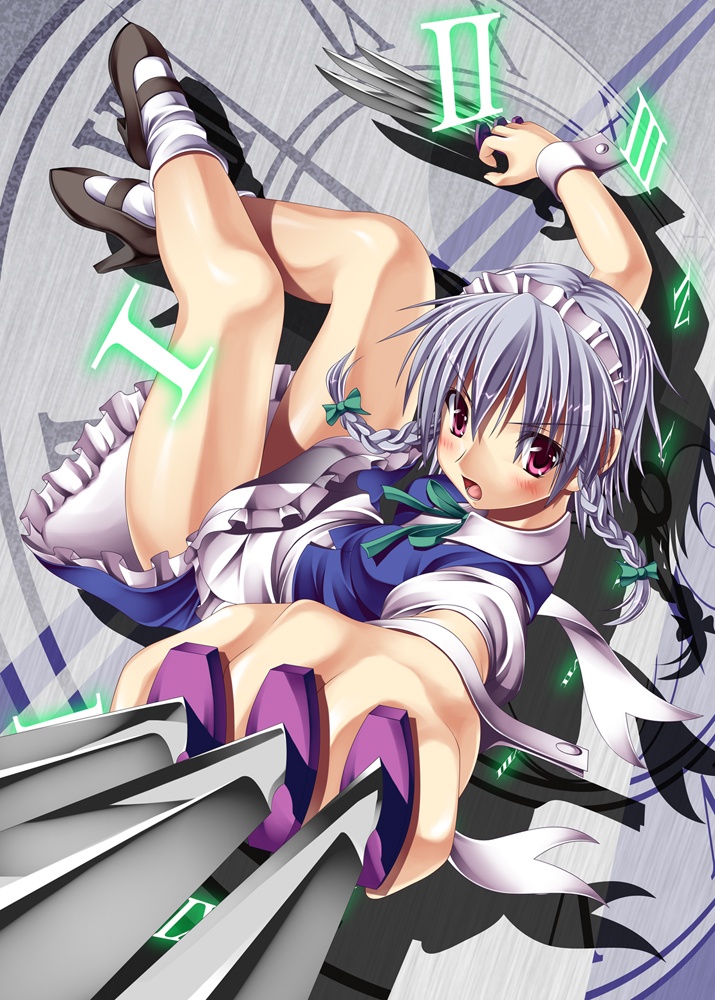 hiya, izayoi sakuya, touhou, silver hair, 1girl, braid, female focus, full body, knife, maid, purple eyes, solo, throwing knife, twin braids, weapon