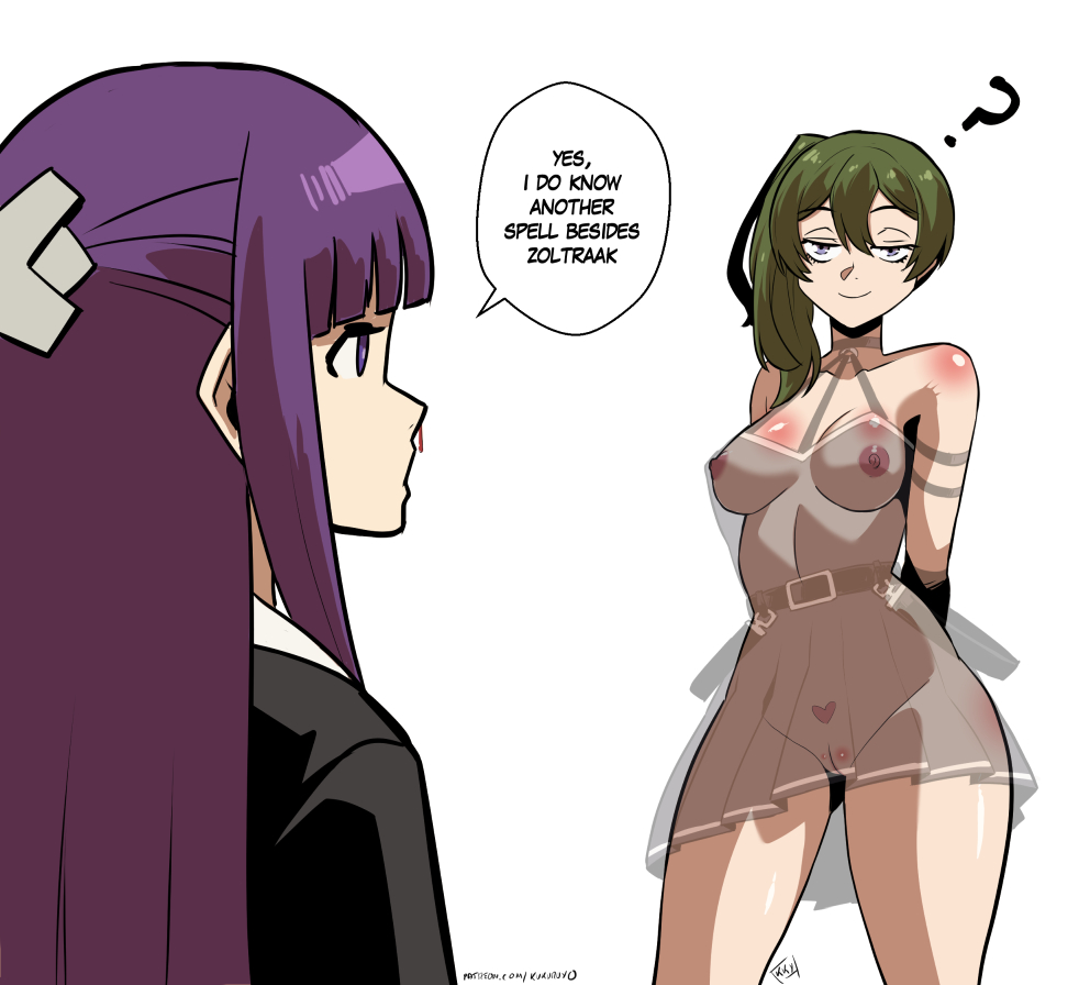 kukuruyo, fern (sousou no frieren), ubel (sousou no frieren), sousou no frieren, commentary, english commentary, 2girls, arms behind back, black dress, blood, blue eyes, breasts, choker, contrapposto, dress, english text, female pervert, gluteal fold, green hair, medium breasts, multiple girls, nipples, nosebleed, pervert, pleated dress, purple eyes, purple hair, pussy, short dress, side ponytail, smile, x-ray, yuri