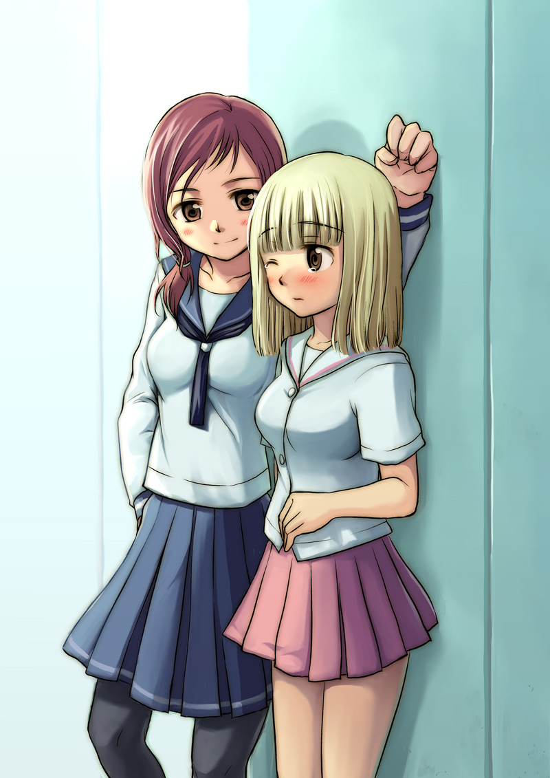 niina ryou, fukuji mihoko, takei hisa, saki (manga), bad id, bad pixiv id, 00s, 2girls, blonde hair, blush, brown eyes, multiple girls, one eye closed, pantyhose, red hair, school uniform, serafuku, tears, wink