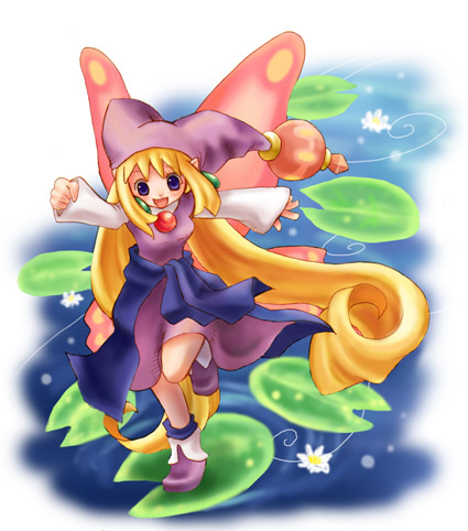 emeko (fuwarinco), kururu (marl kingdom), marl kingdom, puppet princess (marl kingdom), bad id, bad pixiv id, lowres, 1girl, blonde hair, blue eyes, female focus, flower, happy, hat, lily pad, long hair, lotus, smile, solo, very long hair, wings