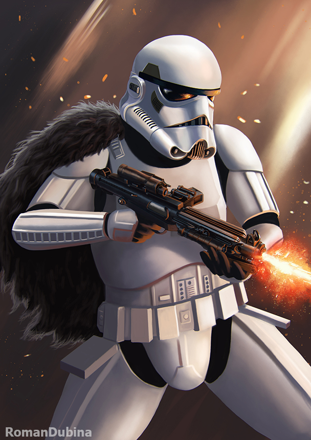 stormtrooper, star wars, 1boy, armor, artist name, cape, fur cape, helmet, laser, rockfunroman, solo, white armor