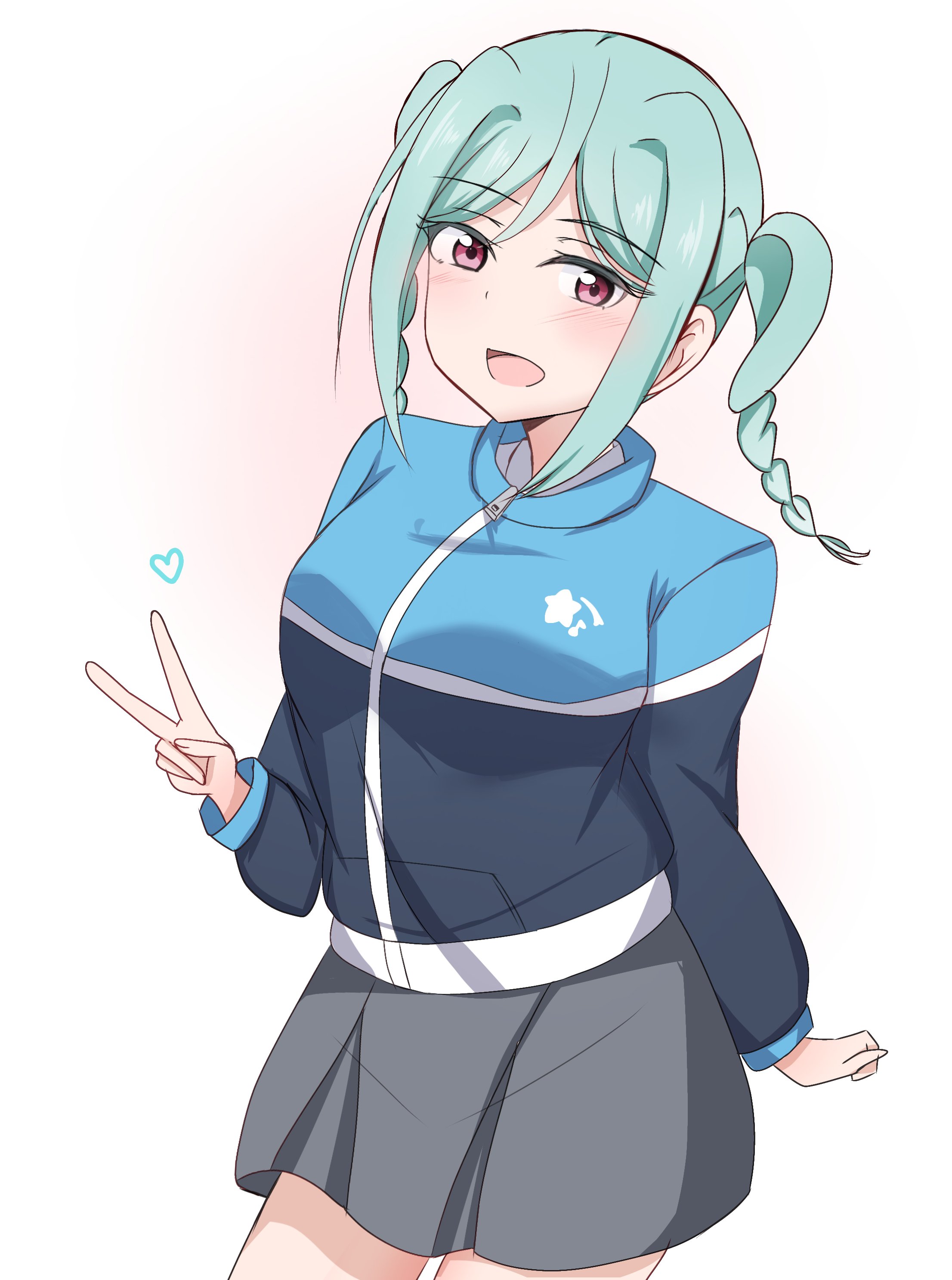 matcha moti (matcha 427), onitsuka tomari, love live!, love live! superstar!!, absurdres, commentary request, highres, 1girl, blue jacket, braid, breasts, cowboy shot, grey skirt, hair intakes, heart, jacket, large breasts, long sleeves, looking at viewer, miniskirt, pink eyes, pleated skirt, school uniform, sidelocks, skirt, solo, track jacket, twin braids, v, winter uniform, yuigaoka school uniform