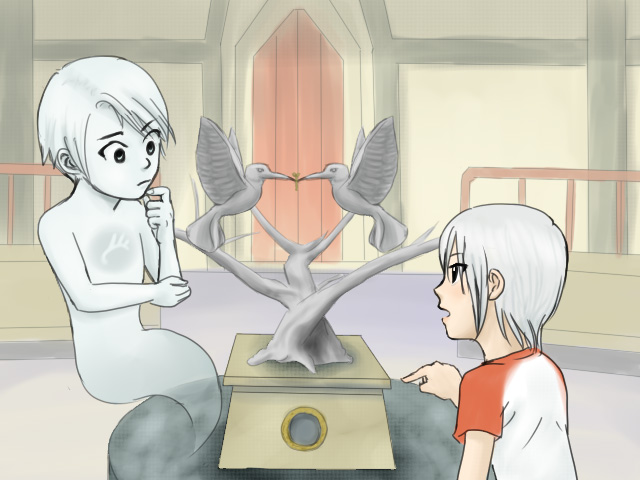 ashley mizuki robbins, d (another code), another code, cing, derivative work, vector trace, 1boy, 1girl, floating, full body, ghost, ghost tail, raglan sleeves, shirt, short sleeves, t-shirt, thinking, upper body