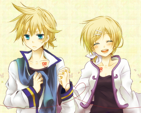 yokohata nana, kagamine len, kagamine rin, kaito (vocaloid), vocaloid, bad id, bad pixiv id, 1boy, 1girl, alternate hairstyle, aqua eyes, blonde hair, blush, brother and sister, cosplay, costume switch, hetero, holding hands, siblings, twins