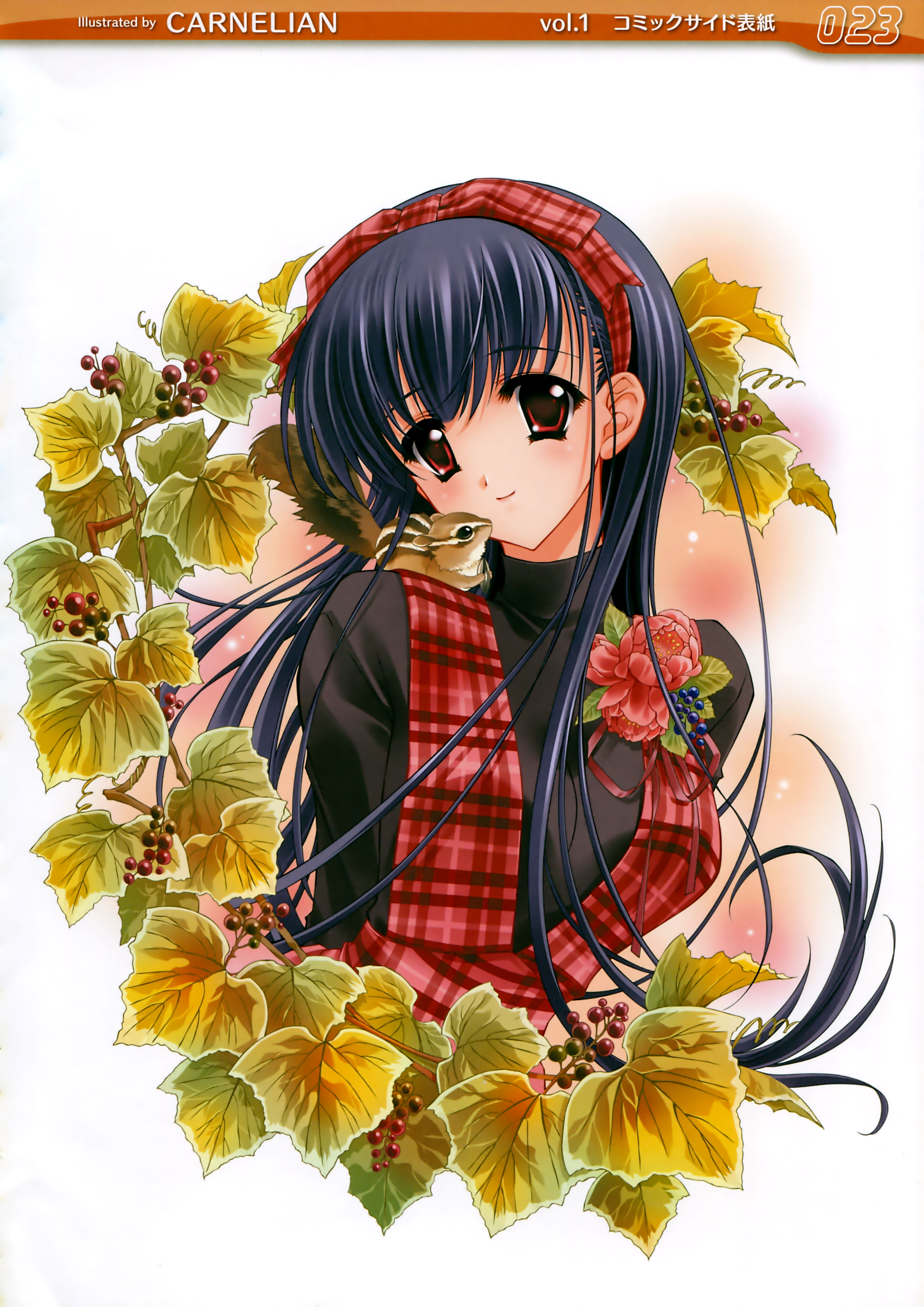 carnelian, kawakabe momoka, touka gettan, absurdres, highres, scan, 00s, 1girl, black hair, black shirt, blue hair, chipmunk, female focus, flower, hairband, leaf, long hair, looking at viewer, red eyes, shirt, solo, squirrel, upper body