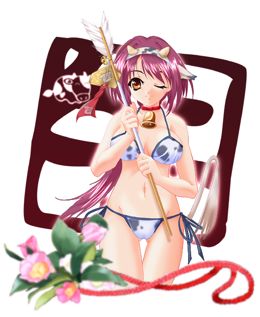 hinoe riho, 00s, 1girl, 2009, animal ears, animal print, arrow (projectile), bare shoulders, bell, bikini, blurry, cow print, depth of field, ema, fake animal ears, female focus, hamaya, navel, new year, one eye closed, purple hair, side-tie bikini bottom, solo, string bikini, swimsuit, tail, thigh gap, thighs, white bikini, wink