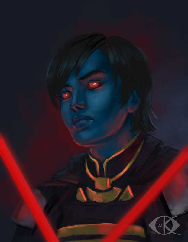 chiss, star wars, 1boy, alien, artist logo, black hair, blue skin, colored skin, icedwingsart, logo, red eyes, short hair, solo, upper body