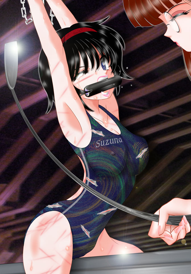 suzuna, 2girls, bdsm, bit gag, black hair, blue eyes, bondage, bound, chain, dominatrix, female focus, femdom, gag, glasses, leotard, lipstick, makeup, multiple girls, one eye closed, riding crop, sweat, torment, torn clothes, whip marks, wink