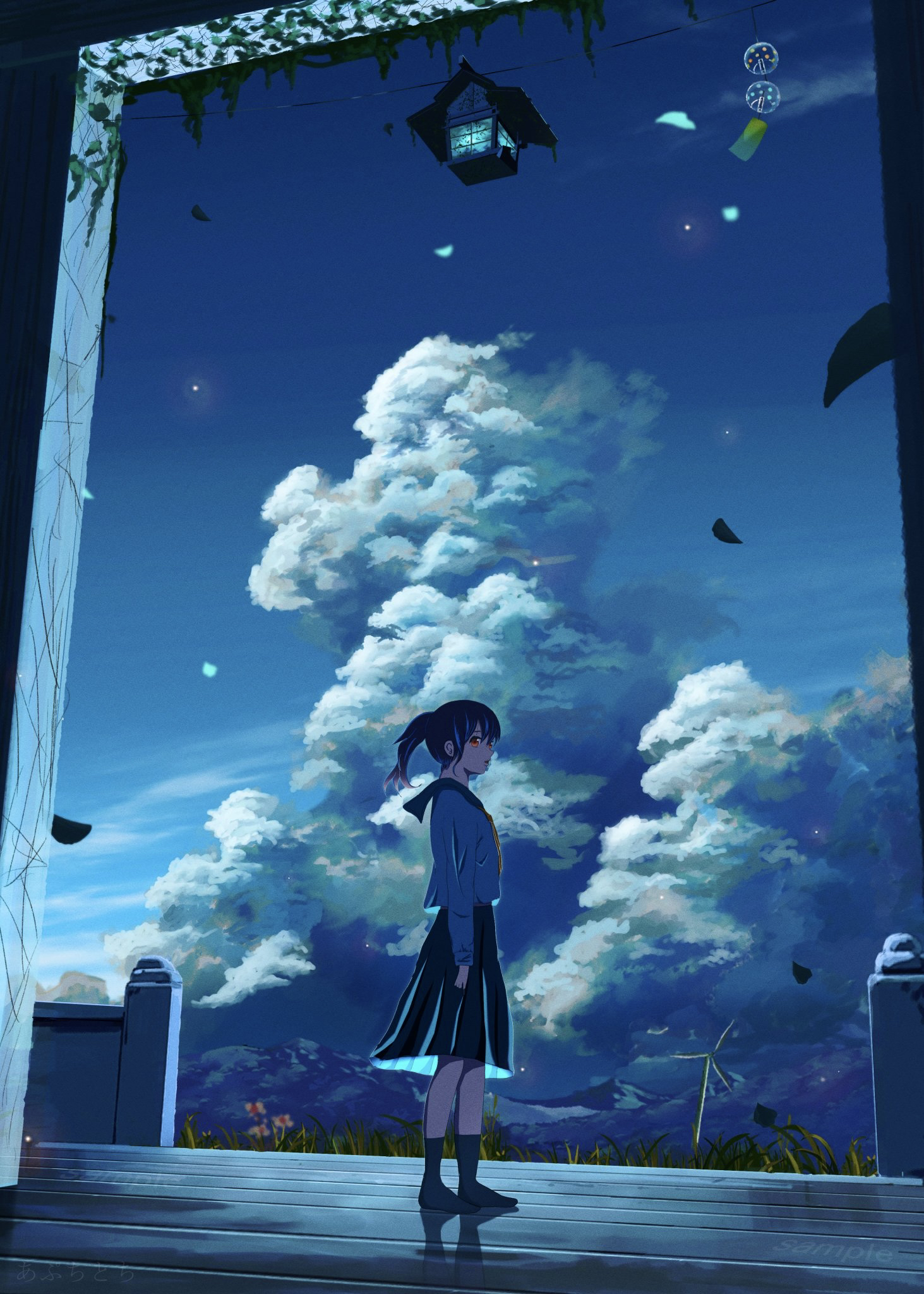 apuchi tochi, original, commentary request, highres, 1girl, arm at side, black hair, black sailor collar, black skirt, black socks, blue sky, cloud, cloudy sky, day, doorway, from side, full body, grey shirt, hanging lantern, medium hair, mountainous horizon, no shoes, parted lips, pleated skirt, ponytail, red eyes, reflective floor, sailor collar, scenery, school uniform, serafuku, shirt, skirt, sky, socks, solo, standing, veranda, wind chime, wind turbine, windmill, wooden floor