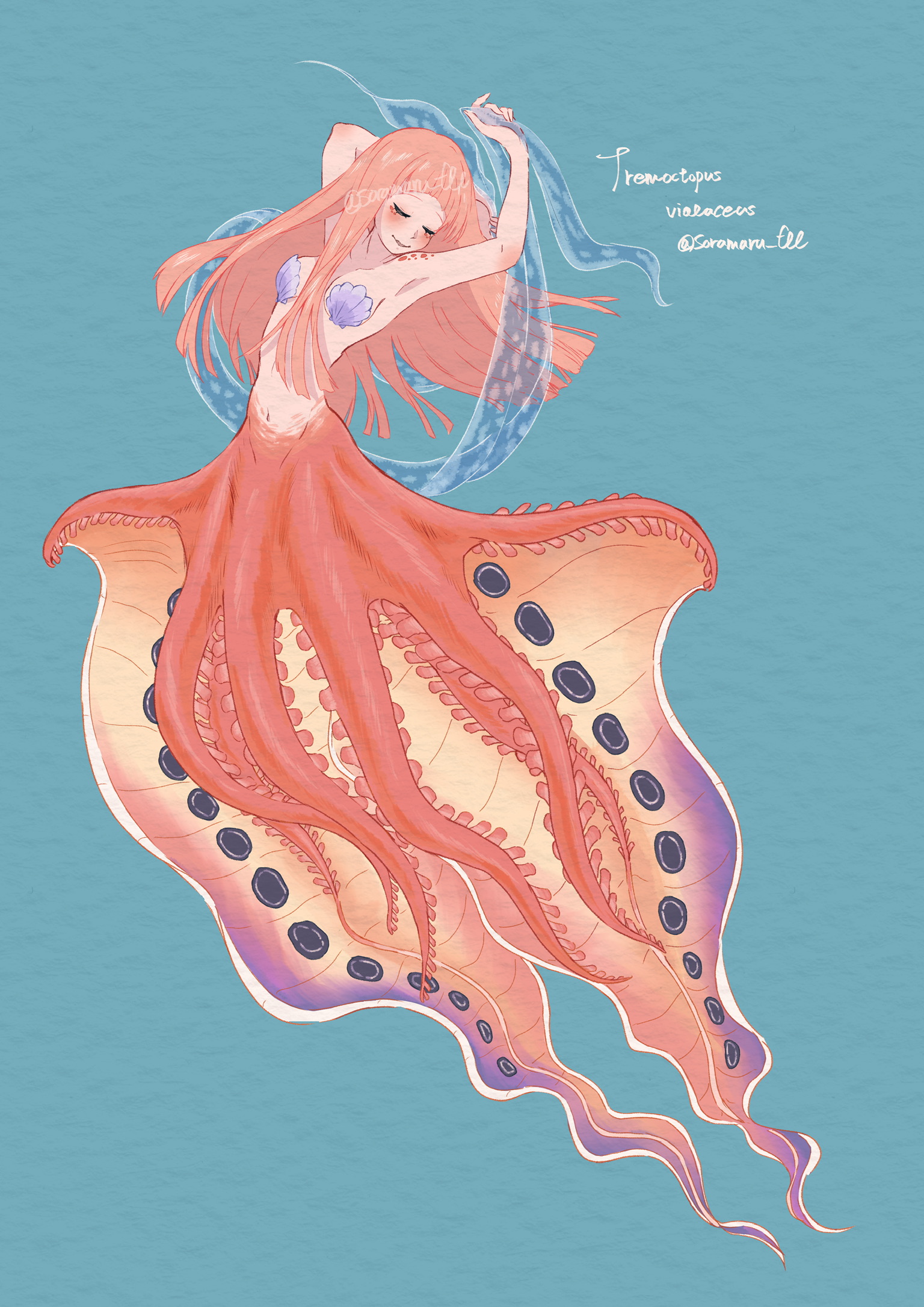 soramaru ell, original, commentary request, highres, 1girl, bikini, blush, closed eyes, cursive, english text, hagoromo, hime cut, long hair, monster girl, orange hair, paper texture, sash, scientific name, scylla, seashell, see-through clothes, shawl, shell, shell bikini, signature, solo, swimsuit, tentacles, twitter username