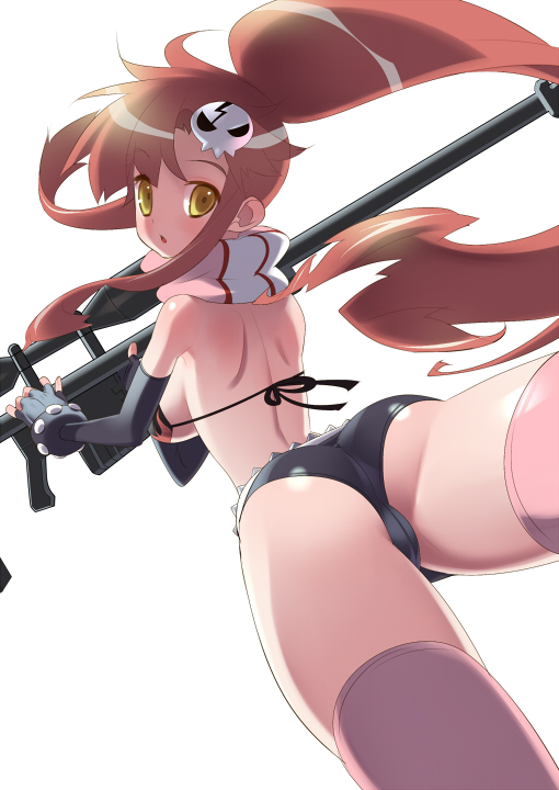 tensugi takashi, yoko littner, tengen toppa gurren lagann, bad id, bad pixiv id, 00s, 1girl, anti-materiel rifle, ass, belt, bikini, bikini top only, black bikini, breasts, cameltoe, female focus, fingerless gloves, gloves, gun, hair ornament, looking back, micro shorts, ponytail, red hair, rifle, scarf, short shorts, shorts, sideboob, sidelocks, sniper rifle, solo, swimsuit, thighhighs, weapon, yellow eyes