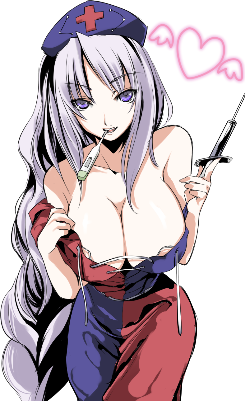atoshi, yagokoro eirin, touhou, silver hair, bad id, bad pixiv id, highres, 1girl, areola slip, bare shoulders, blue eyes, braid, breasts, cleavage, digital thermometer, female focus, hat, heart, huge breasts, large breasts, long hair, mouth hold, naughty face, off shoulder, solo, syringe, thermometer, undressing, very long hair