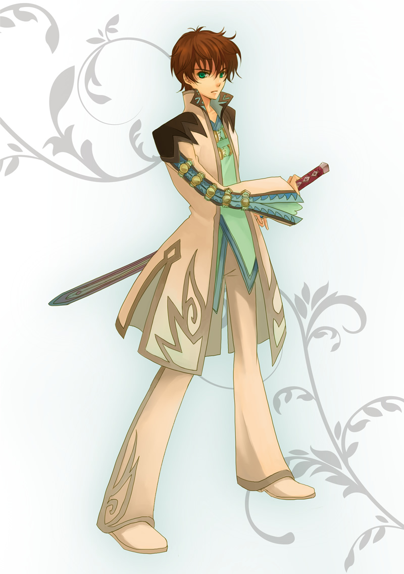sia, siratama anmitsu, asbel lhant, kururugi suzaku, sakurai takahiro, code geass, tales of (series), tales of graces, 1boy, asbel lhant (cosplay), bell-bottoms, brown hair, cosplay, fighting stance, full body, green eyes, male focus, pants, parody, ready to draw, sheath, sheathed, solo, sword, voice actor connection, weapon