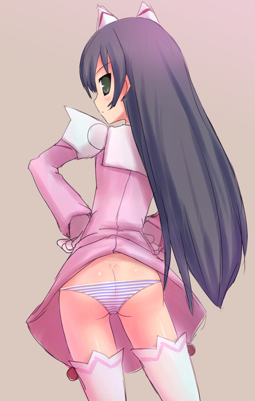 unikurage, haduki kurumi, hazuki kurumi, kaitou tenshi twin angel, twin angel, 10s, 1girl, animal ears, ass, black hair, blush, butt crack, cat ears, cat girl, clothes lift, dress, dress lift, female focus, from behind, gloves, green eyes, hands on own hips, long hair, looking back, lowleg, lowleg panties, panties, simple background, solo, striped clothes, striped panties, thighhighs, underwear, white thighhighs
