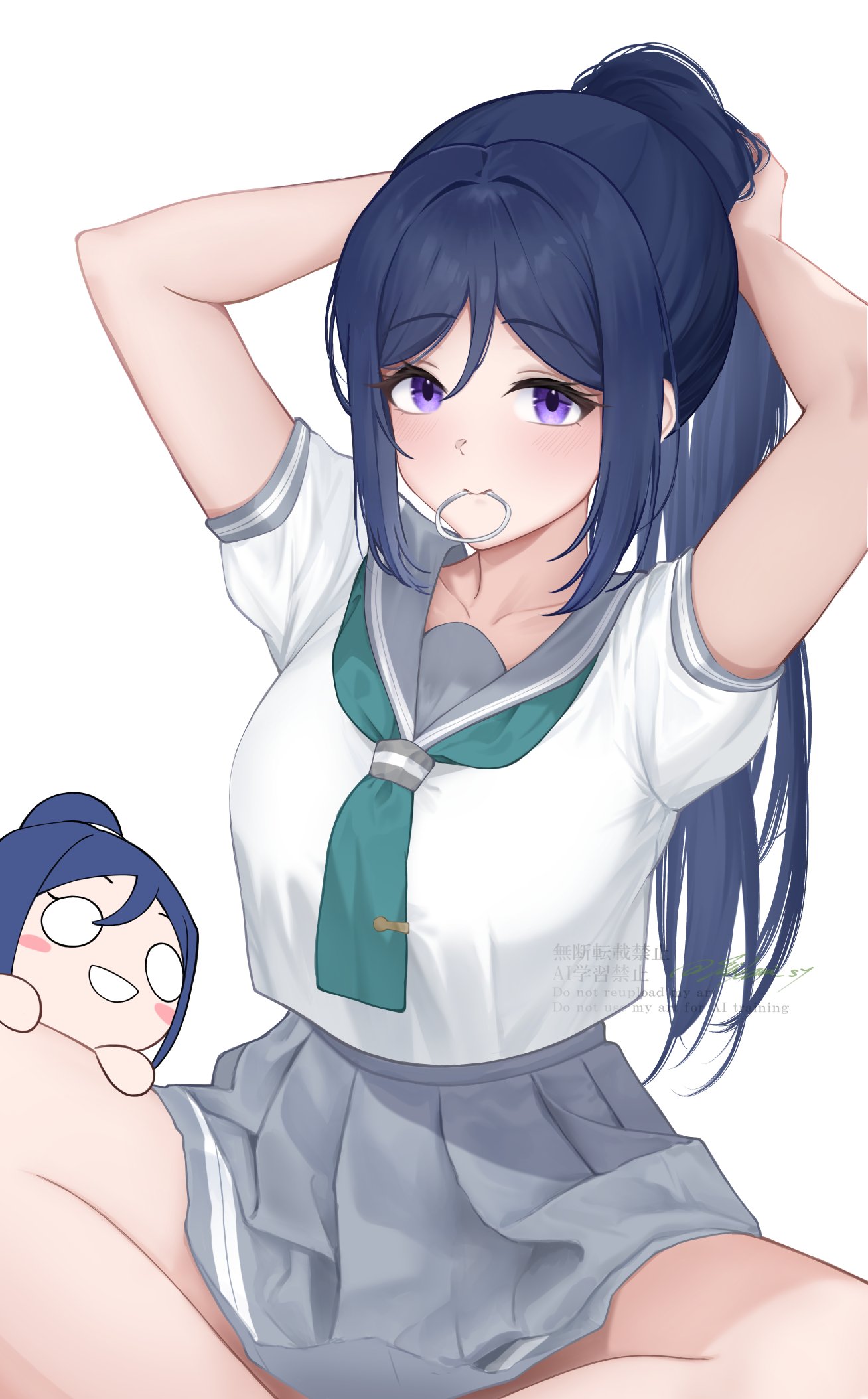 mikami sy, matsuura kanan, love live!, love live! sunshine!!, commentary, highres, 1girl, arms up, blush stickers, breasts, character doll, doll, feet out of frame, hair tie in mouth, indian style, large breasts, looking at viewer, mouth hold, nesoberi, parted bangs, purple eyes, school uniform, serafuku, shirt, short sleeves, sidelocks, simple background, sitting, solo, tying hair, uranohoshi school uniform, watermark, white background, white shirt