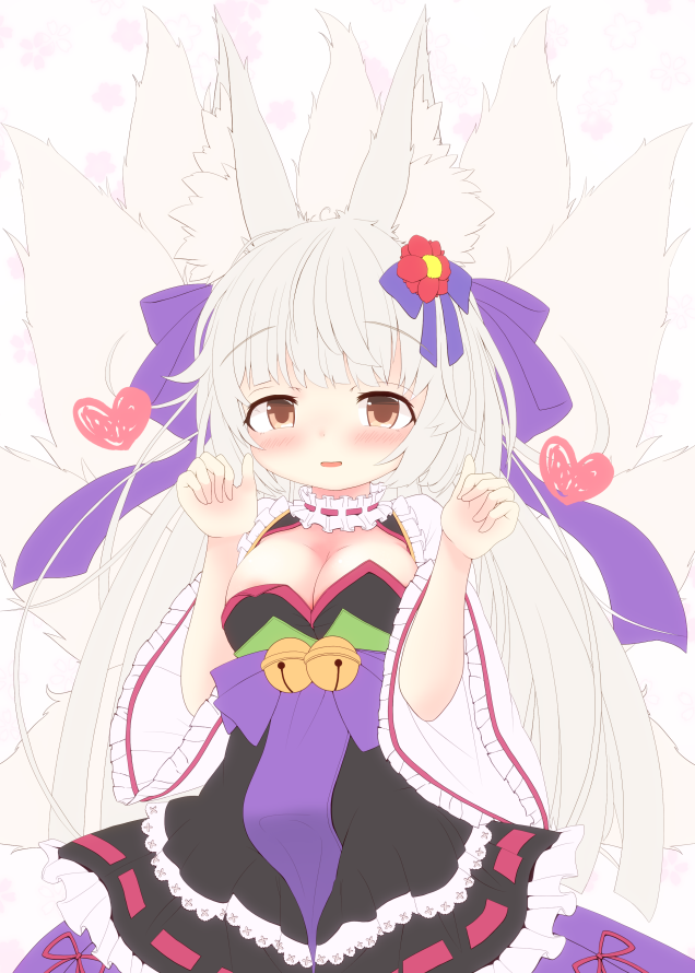 kitune47, emil chronicle online, 1girl, animal ears, bell, black dress, blue ribbon, blush, breasts, brown eyes, choker, cleavage cutout, clothing cutout, dress, fox ears, fox girl, fox tail, frilled choker, frilled dress, frills, hair ornament, hair ribbon, heart, jacket, large breasts, long hair, multiple tails, open mouth, purple ribbon, purple sash, ribbon, sash, solo, spoken heart, tail, tamamo lore, white hair, white jacket
