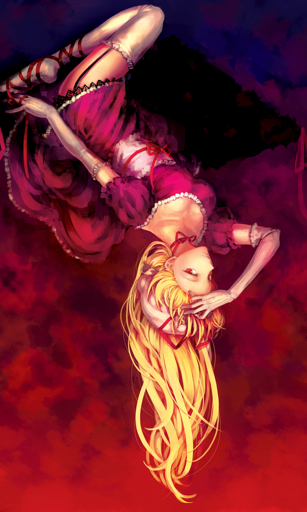 irua, yakumo yukari, touhou, bad id, bad pixiv id, 1girl, blonde hair, bow, dress, elbow gloves, female focus, gap (touhou), garter belt, gloves, hat, long hair, red eyes, ribbon, solo, thighhighs, upside-down