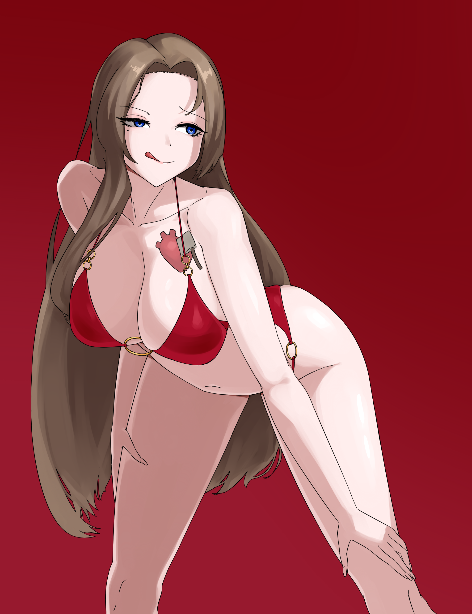 rodion (project moon), limbus company, project moon, absurdres, commentary, highres, korean commentary, alternate costume, armpit crease, bare arms, bare back, bare hips, bare legs, bare shoulders, bikini, blue eyes, breasts, brown hair, large breasts, leaning forward, looking to the side, navel, o-ring, o-ring bikini, o-ring top, raised eyebrow, red background, red bikini, side-tie bikini bottom, simple background, swimsuit, tattoo, thighs, tongue, tongue out