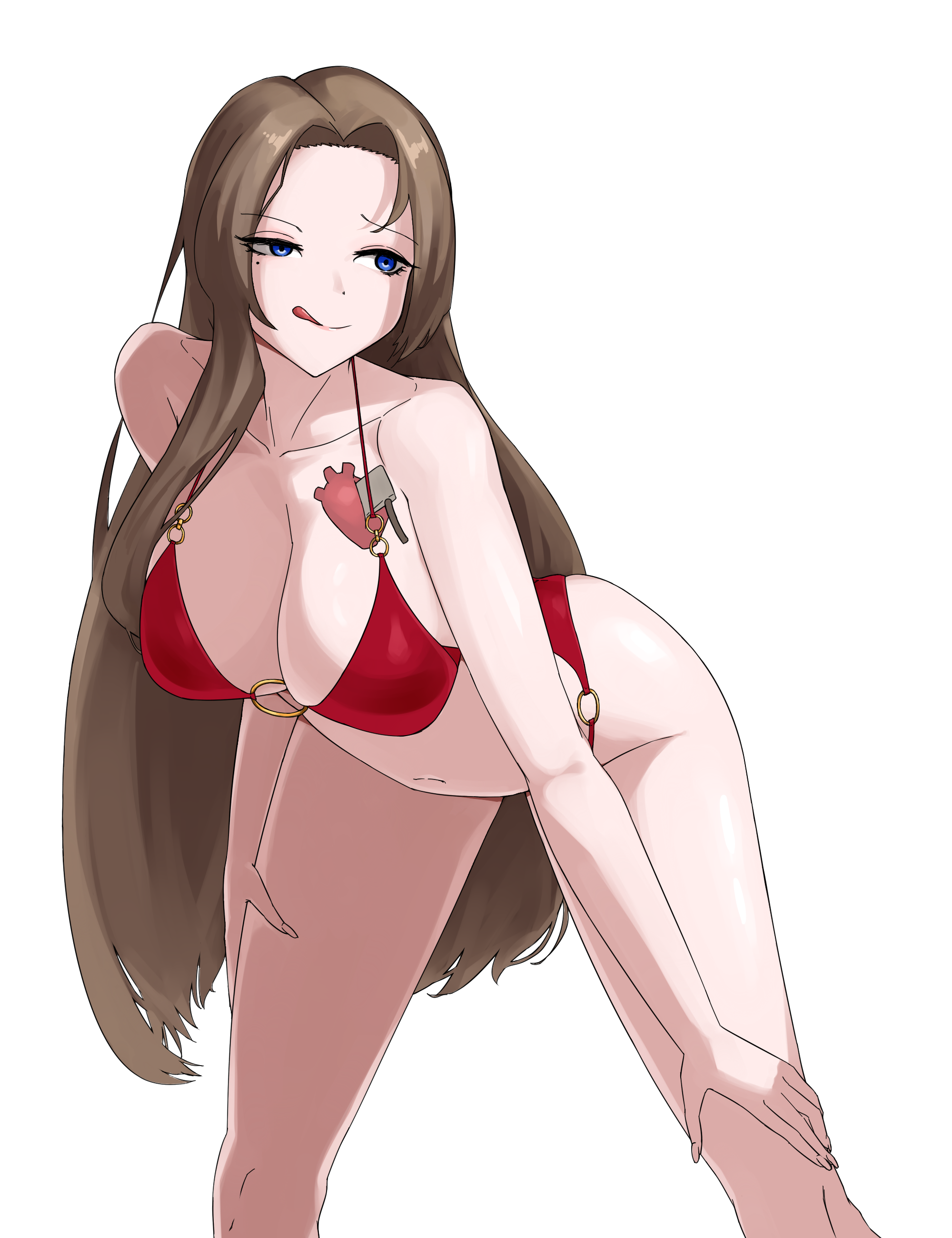 rodion (project moon), limbus company, project moon, absurdres, commentary, highres, korean commentary, alternate costume, armpit crease, bare arms, bare back, bare hips, bare legs, bare shoulders, bikini, blue eyes, breasts, brown hair, large breasts, leaning forward, looking to the side, navel, o-ring, o-ring bikini, o-ring top, raised eyebrow, red bikini, side-tie bikini bottom, simple background, swimsuit, tattoo, thighs, tongue, tongue out, white background