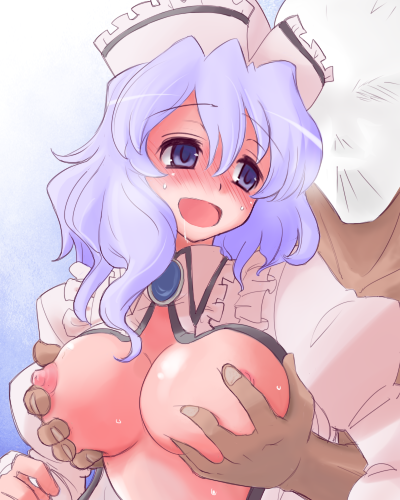 fujii, fujii jun, merlin prismriver, touhou, light purple hair, bad id, bad pixiv id, lowres, 1girl, blue eyes, blush, breasts, faceless, faceless male, grabbing another's breast, groping, happy sex, hat, hetero, large breasts, looking back, open mouth, saliva, smile, solo focus, sweat