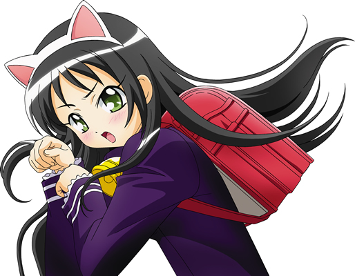 hazuki kurumi, kaitou tenshi twin angel, twin angel, 10s, 1girl, animal ears, backpack, bag, bell, black hair, blush, cat ears, cat girl, close-up, female focus, green eyes, hairband, leaning forward, long hair, open mouth, paw pose, randoseru, simple background, solo