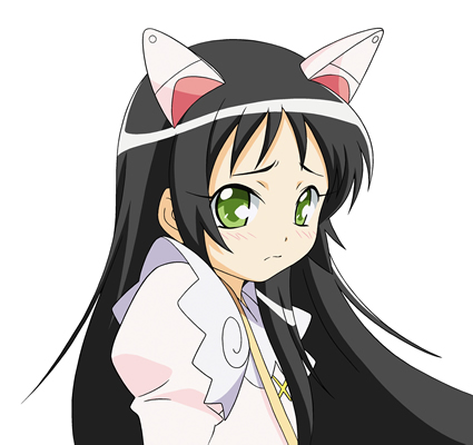 hazuki kurumi, kaitou tenshi twin angel, twin angel, lowres, 10s, 1girl, animal ears, black hair, blush, cat ears, cat girl, close-up, female focus, frown, green eyes, long hair, sad, simple background, solo, very long hair