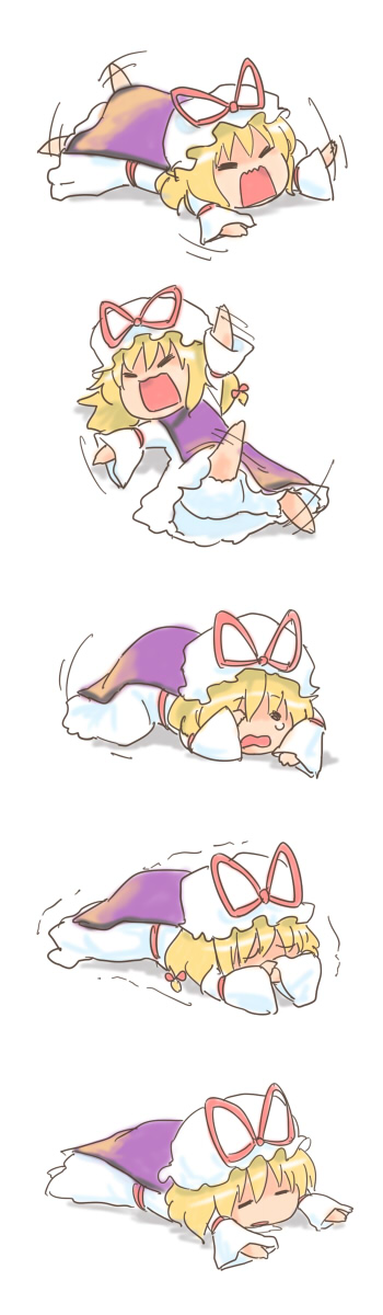 abekawa, yakumo yukari, touhou, highres, long image, tall image, 1girl, blonde hair, chibi, comic, dress, female focus, hat, ribbon, solo, tantrum, tears, underwear, white background