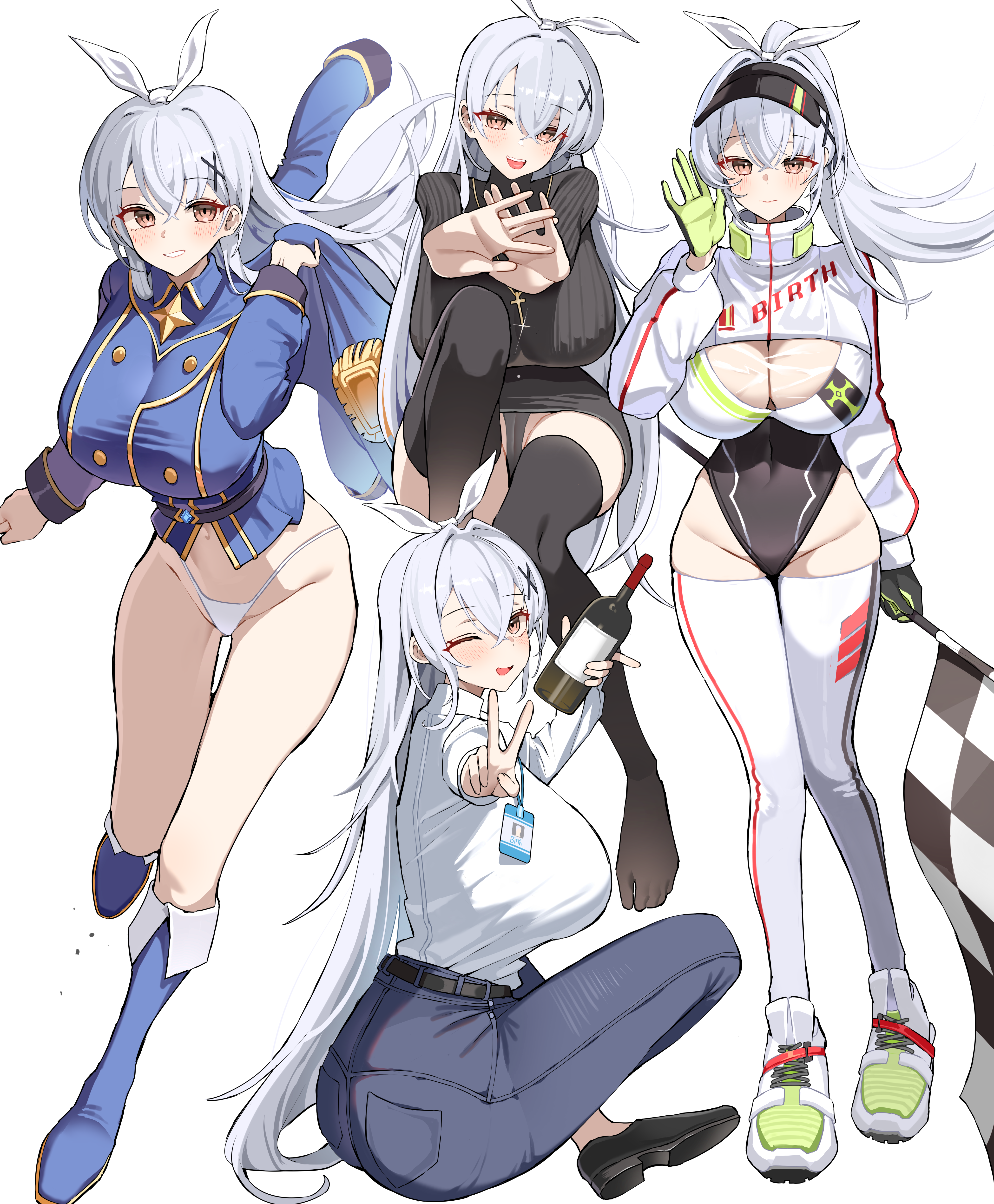 chozgum, original, absurdres, commission, highres, 1girl, ass, black leotard, black thighhighs, bottle, breasts, checkered flag, cleavage, collared shirt, denim, flag, grey hair, highleg, highleg leotard, holding, holding bottle, holding flag, jeans, lanyard, large breasts, leotard, panties, pants, race queen, shirt, shoes, skirt, sneakers, string panties, thighhighs, thighs, underwear, v, white panties, white shirt, white shoes, wine bottle