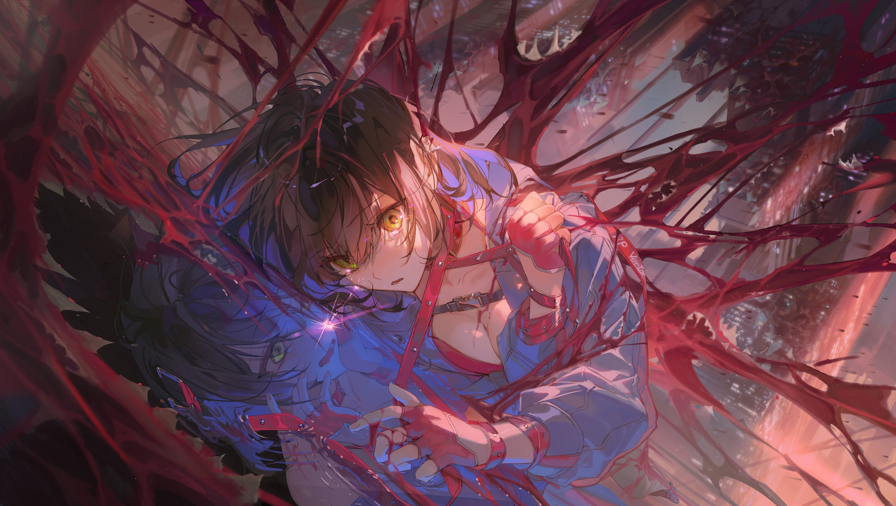 tot 7399, chaos zero nightmare, absurdres, highres, 1girl, belt, black hair, blue jacket, breasts, chest harness, cleavage, collar, dual persona, fingerless gloves, gloves, green eyes, harness, jacket, large breasts, long sleeves, lying, medium hair, multicolored hair, navel, open clothes, open jacket, red collar, red gloves, reflection, solo, spiked collar, spikes, sweat, tears, tressa (chaos zero nightmare), two-tone hair