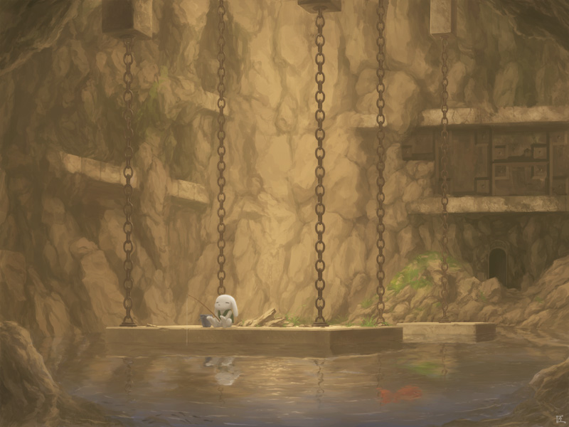 shou (s syo), syo, chinfish, kanpachi (cave story), mimiga, doukutsu monogatari, kanpachi, cave, chain, fishing, fishing rod, no humans, reflection, scenery, slice of life, solo