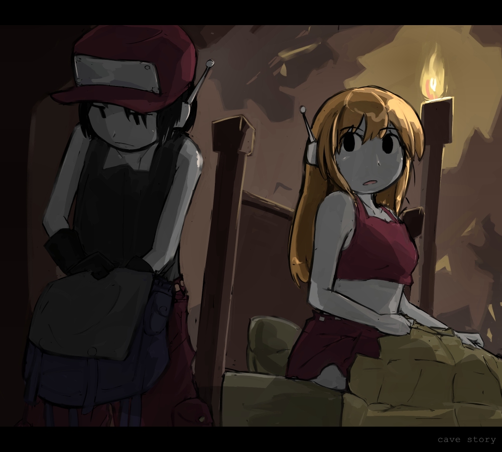 nomino, curly brace, quote (cave story), doukutsu monogatari, spoilers, 1boy, 1girl, android, backpack, bag, baseball cap, bed, blonde hair, colored skin, crop top, hat, letterboxed, white skin