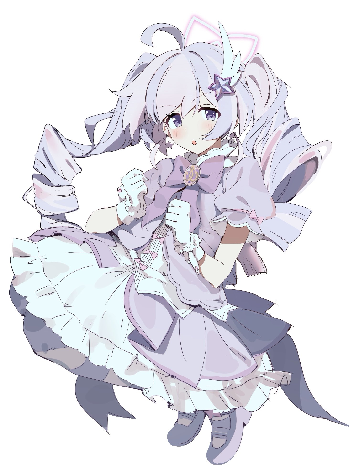 yamanonba, reisa (blue archive), reisa (magical) (blue archive), blue archive, highres, 1girl, ahoge, blush, bow, bowtie, clenched hands, drill hair, earrings, frilled gloves, frilled skirt, frills, full body, gloves, hair ornament, halo, hands up, jacket, jewelry, long hair, looking at viewer, magical girl, multicolored hair, official alternate costume, open clothes, open jacket, pantyhose, parted lips, pink bow, pink hair, puffy short sleeves, puffy sleeves, purple bow, purple bowtie, purple eyes, purple hair, purple jacket, purple pantyhose, purple shoes, shirt, shirt bow, shoes, short sleeves, simple background, skirt, star (symbol), star earrings, star hair ornament, star halo, striped clothes, striped pantyhose, twin drills, two-tone hair, white background, white gloves, white shirt, white skirt, wing hair ornament