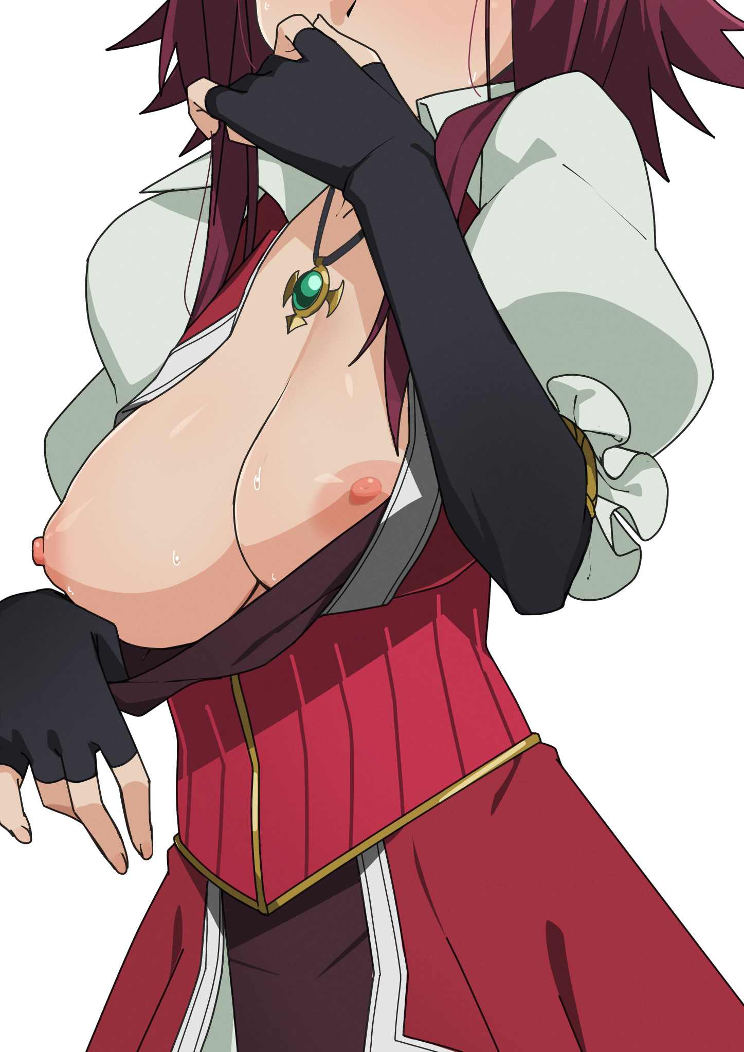 morisobo, izayoi aki, yu-gi-oh!, yu-gi-oh! 5d's, commentary request, highres, 1girl, black gloves, breasts, dress, elbow gloves, eyes out of frame, facing viewer, fingerless gloves, gloves, head out of frame, jewelry, large breasts, long hair, necklace, nipples, puffy short sleeves, puffy sleeves, red dress, red hair, short hair with long locks, short sleeves, simple background, solo, spiked hair, standing, white background