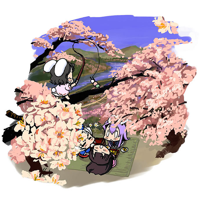 baku taso, houraisan kaguya, inaba tewi, reisen udongein inaba, yagokoro eirin, touhou, 4girls, animal ears, black hair, cherry blossoms, chibi, female focus, flower, long hair, multiple girls, outdoors, plant, purple hair, rabbit ears, short hair, sitting, sky, standing, tail, tree, water