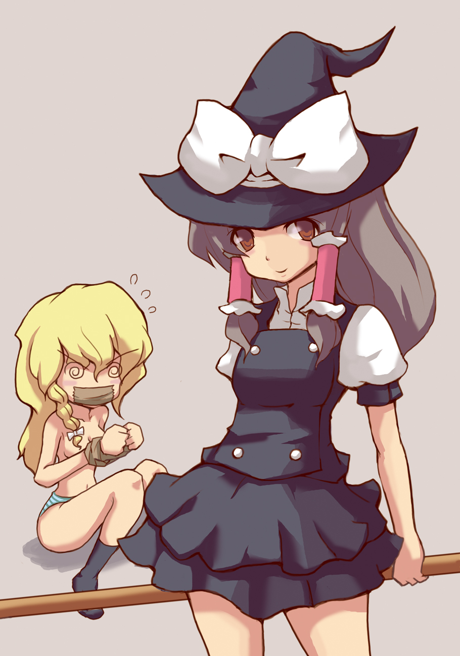 kurozatou, hakurei reimu, kirisame marisa, touhou, highres, 2girls, @ @, bdsm, black hair, blonde hair, blue panties, blush, bondage, bound, bound wrists, broom, brown eyes, clothes theft, cosplay, covering breasts, covering privates, feet, female focus, gag, hat, improvised gag, kirisame marisa (cosplay), multiple girls, navel, no bra, panties, short hair, socks, striped clothes, striped panties, tape, tape gag, theft, topless female, underwear, underwear only, witch hat